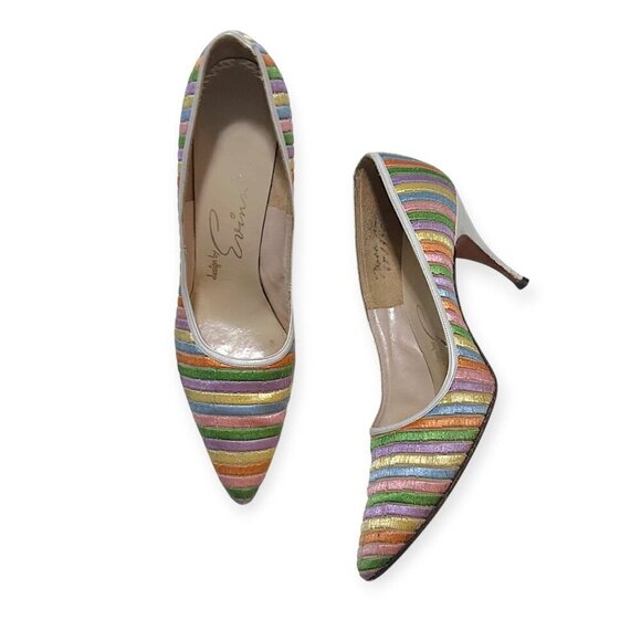 Vintage 1950s David Evins Rainbow Striped Pumps 50s 60s Heels Size 7 AAAA Narrow - Picture 2 of 13
